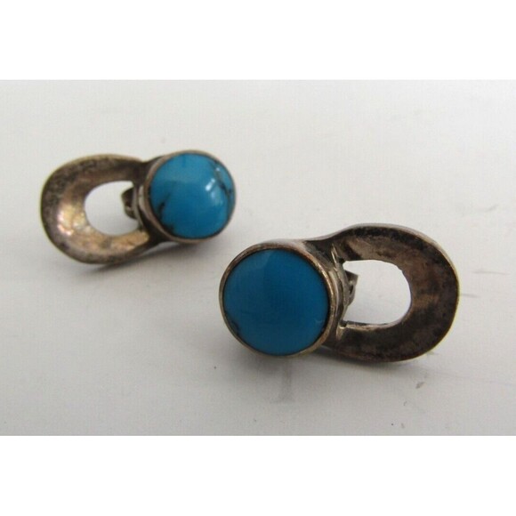 Sterling Silver Earrings Vintage 925 Stamped Mexico Blue Turquoise Stud Dangling - Picture 3 of 4